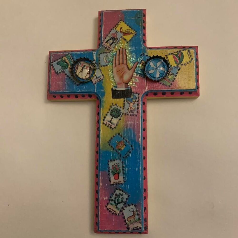Hand-painted wooden cross folk art bottle cap decopage